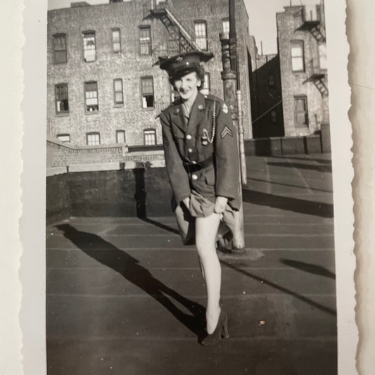 Woman in Army Uniform Showing Leg, Snapshot, 1940s