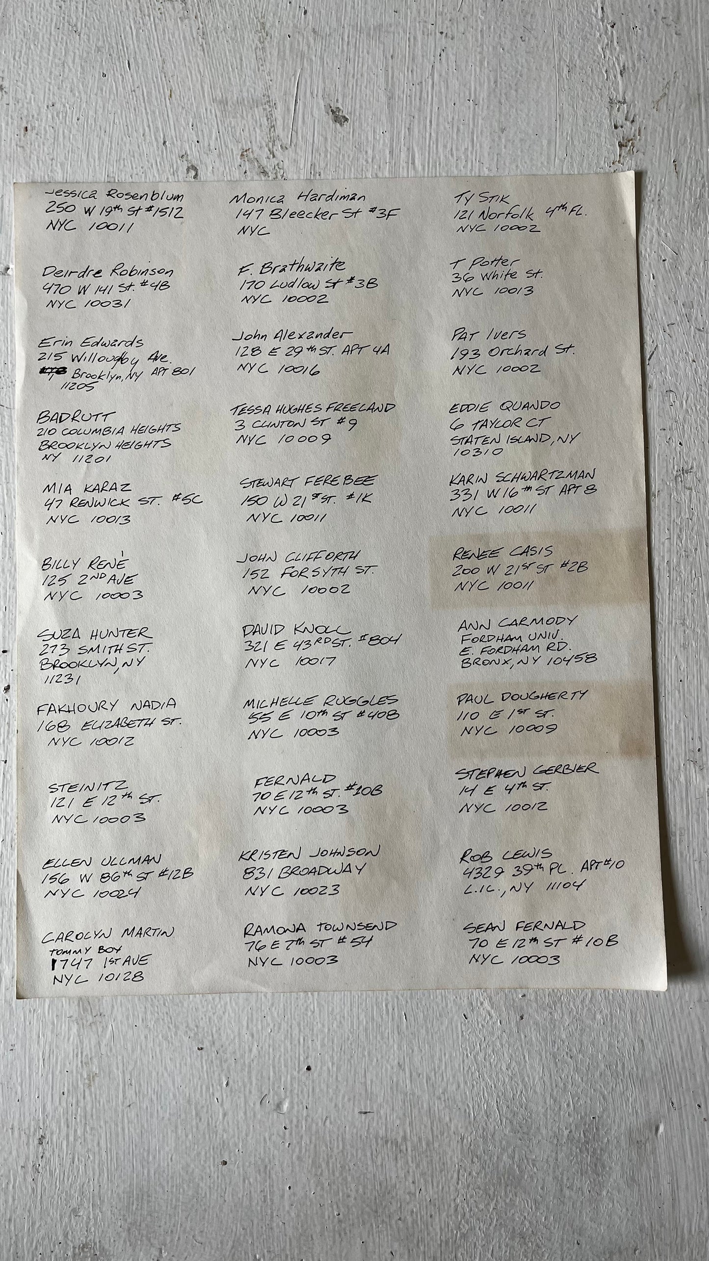 NYC Artist and Musician Address List, 1980s