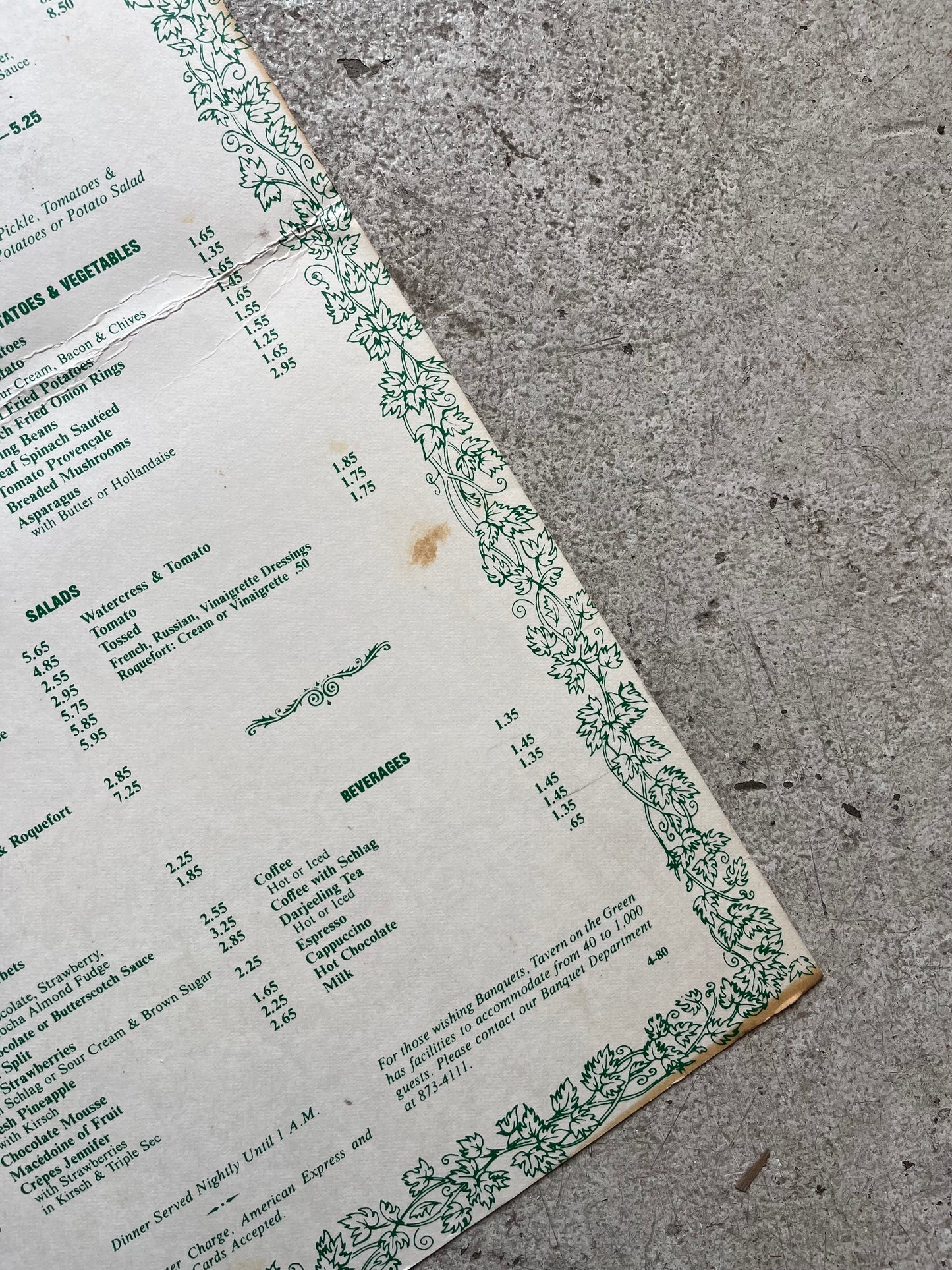 Tavern on the Green Brunch Menu, 1970s