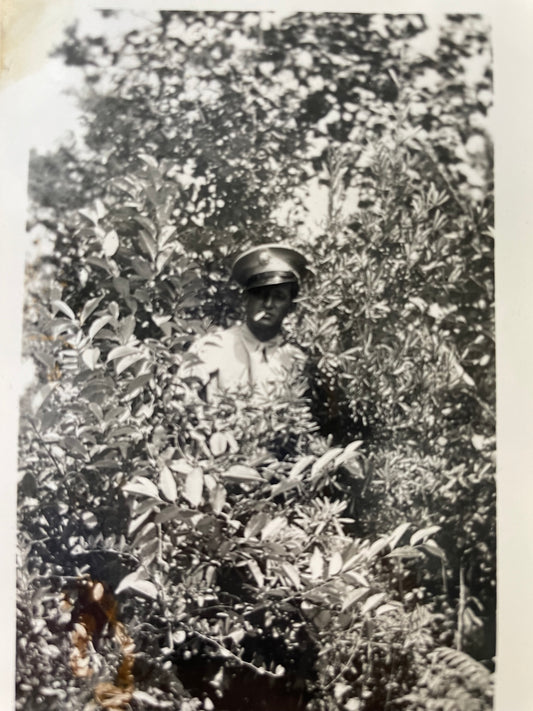 Smoking Soldier Hiding in Bushes, Snapshot, 1940s