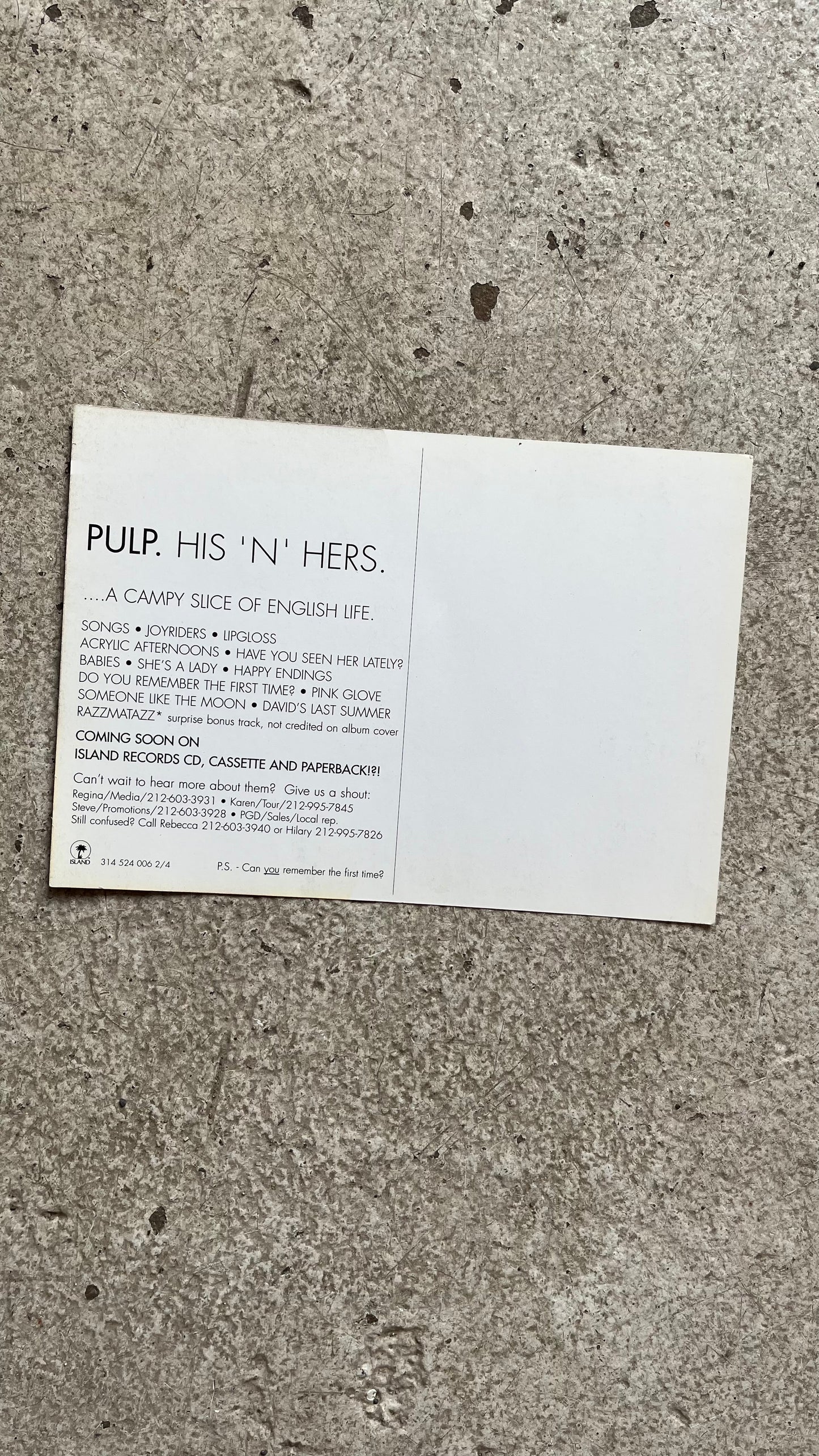 Pulp His 'N' Hers Announcement Postcard, 1994