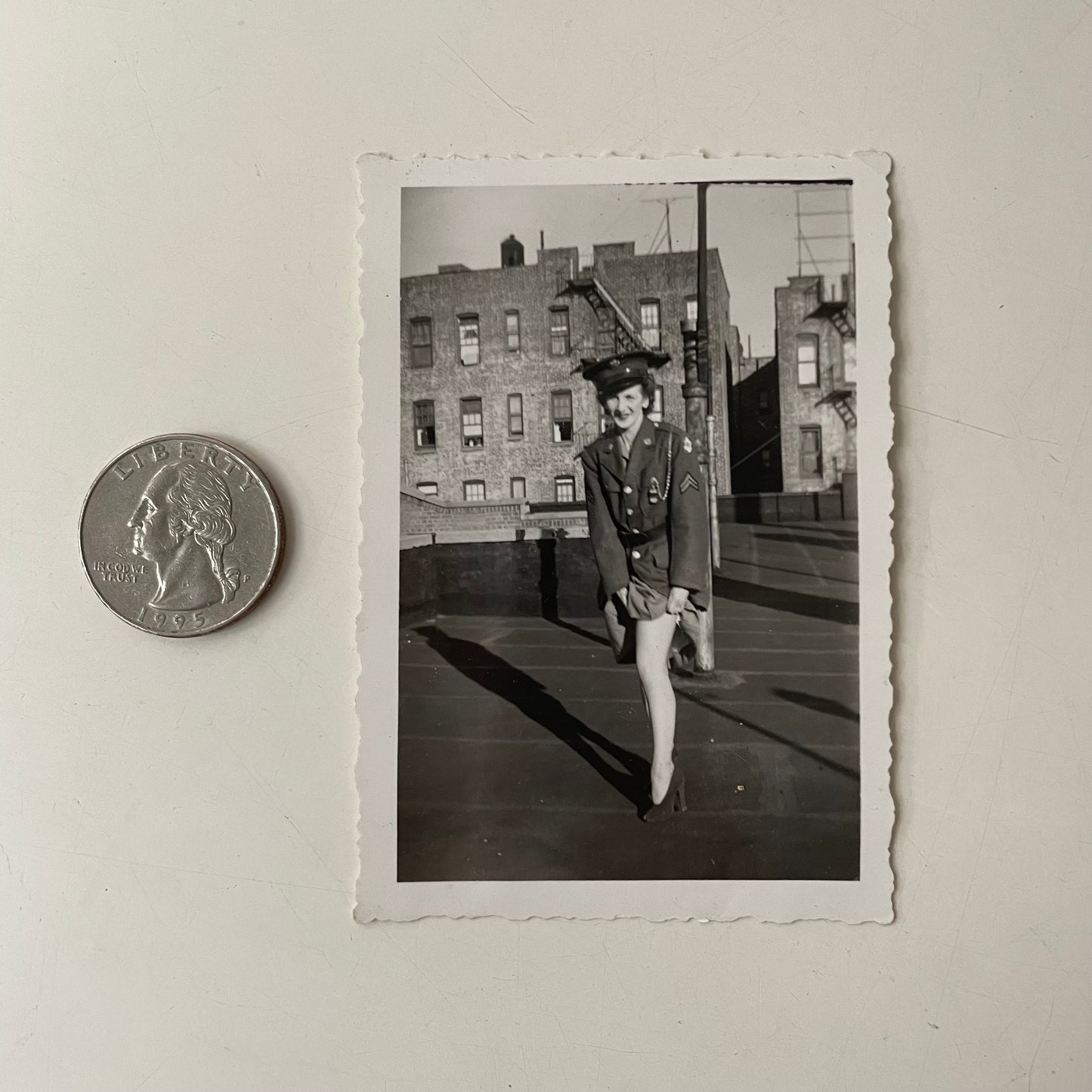 Woman in Army Uniform Showing Leg, Snapshot, 1940s