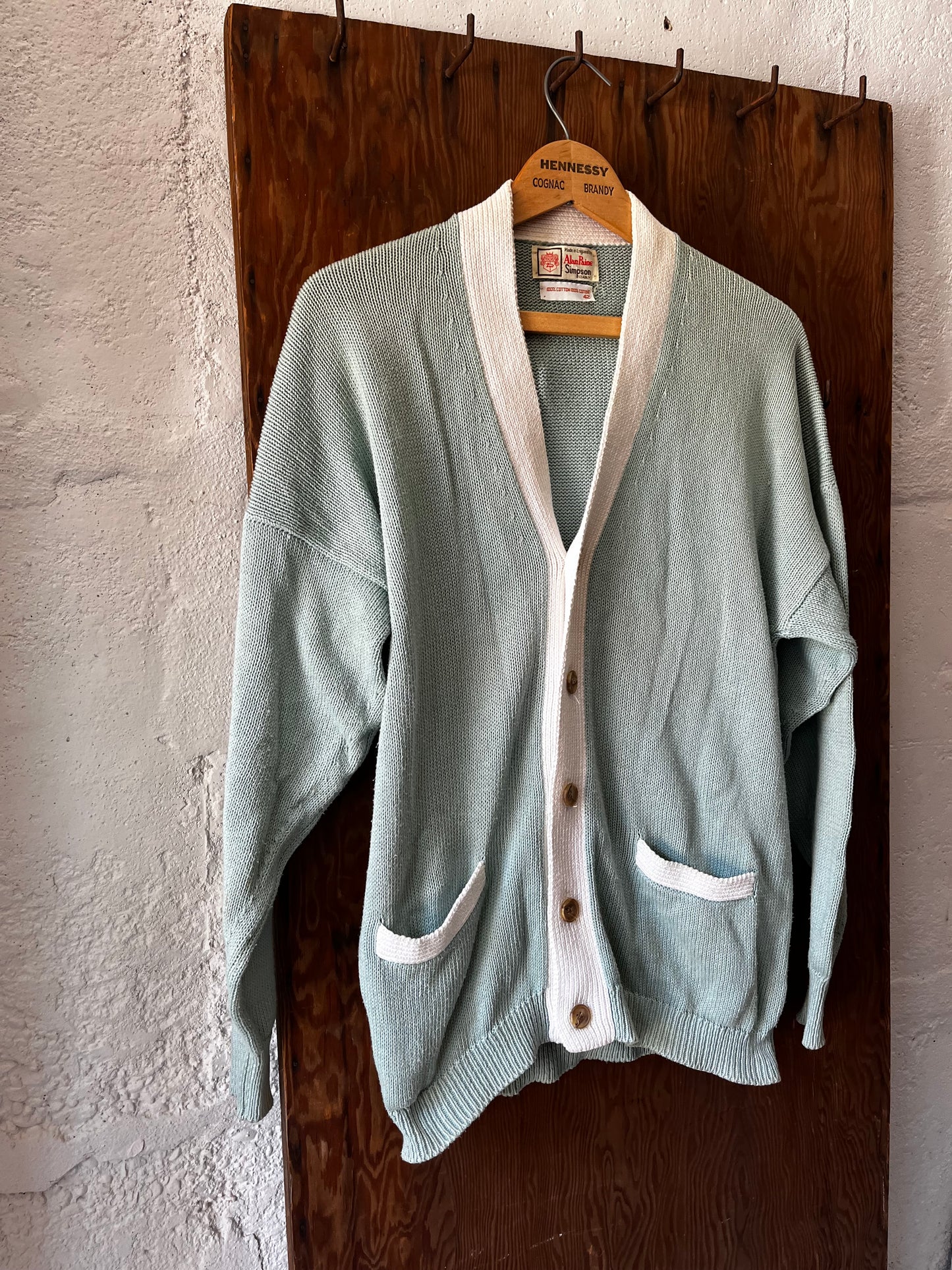 Seafoam+White Cotton Cardigan, Sz L, 1980s