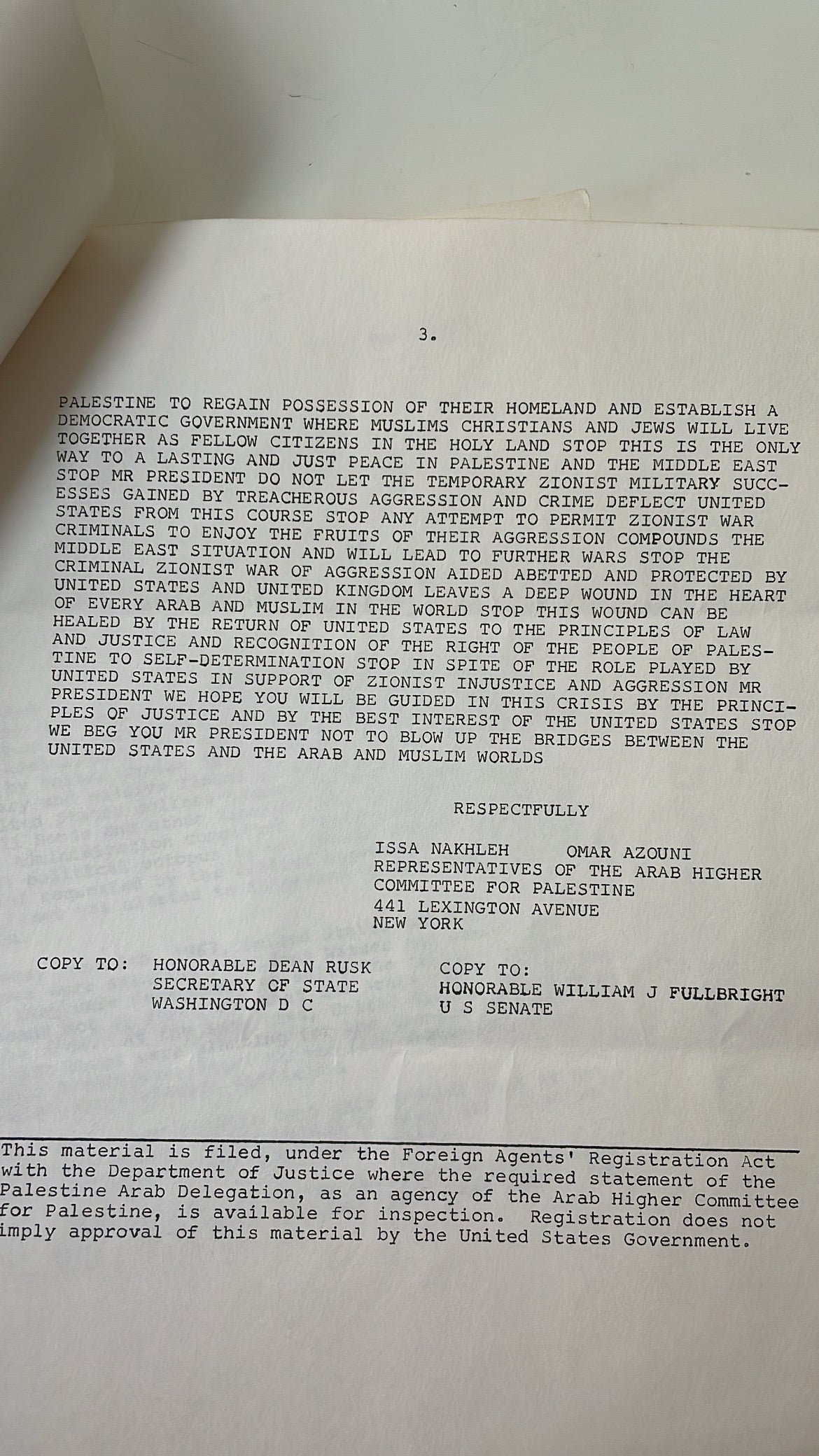 Palestine Arab Delegation - Press Releases/Bulletins (4), 1968