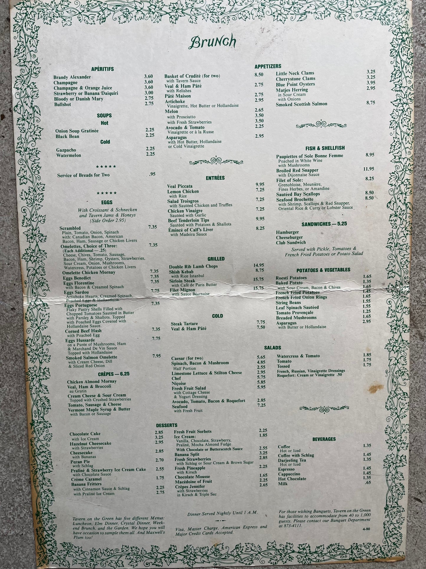 Tavern on the Green Brunch Menu, 1970s