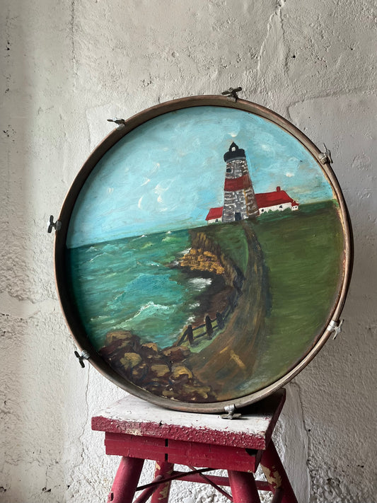 Lighthouse Scene Painted on Drum, 1950s (NYC Only, No Shipping)