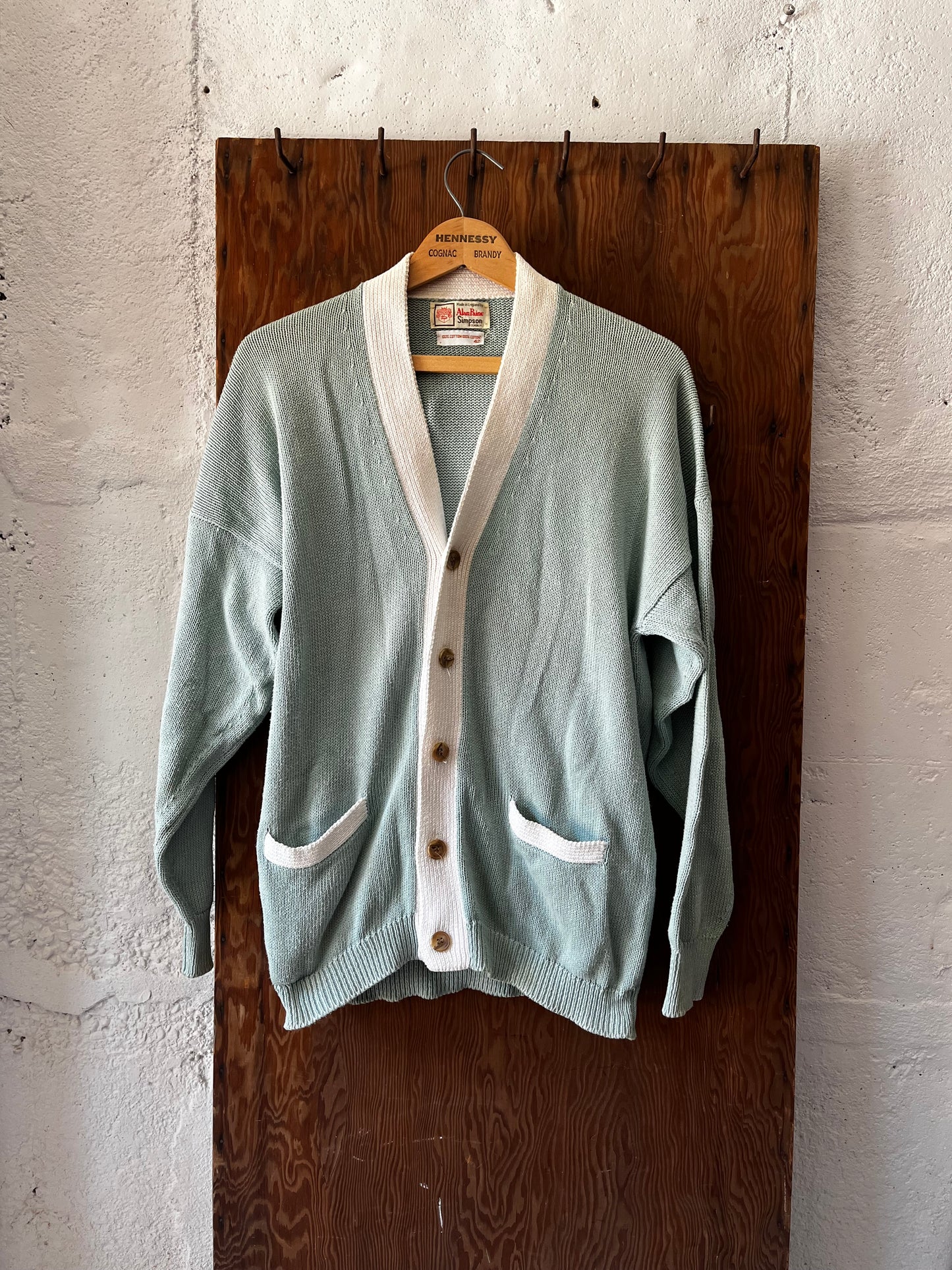 Seafoam+White Cotton Cardigan, Sz L, 1980s