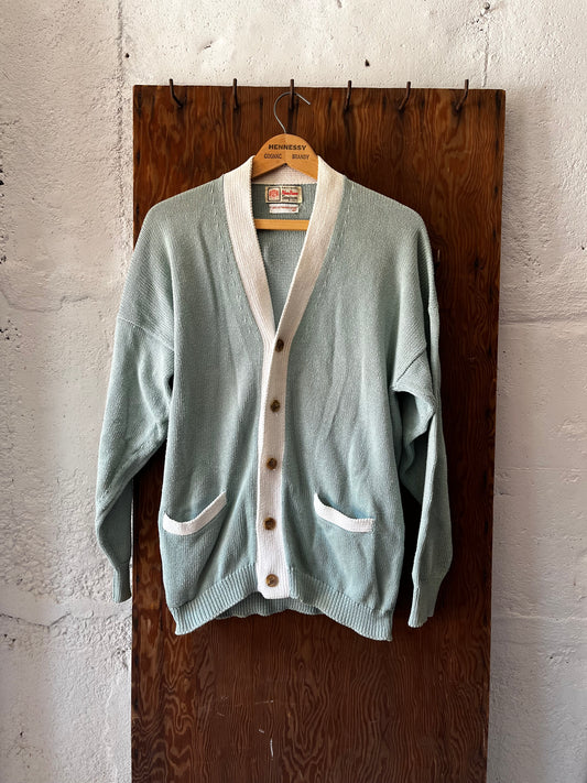 Seafoam+White Cotton Cardigan, Sz L, 1980s