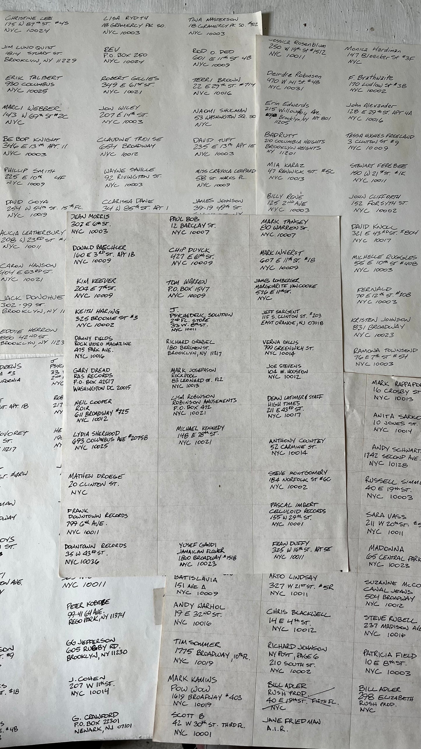 NYC Artist and Musician Address List, 1980s