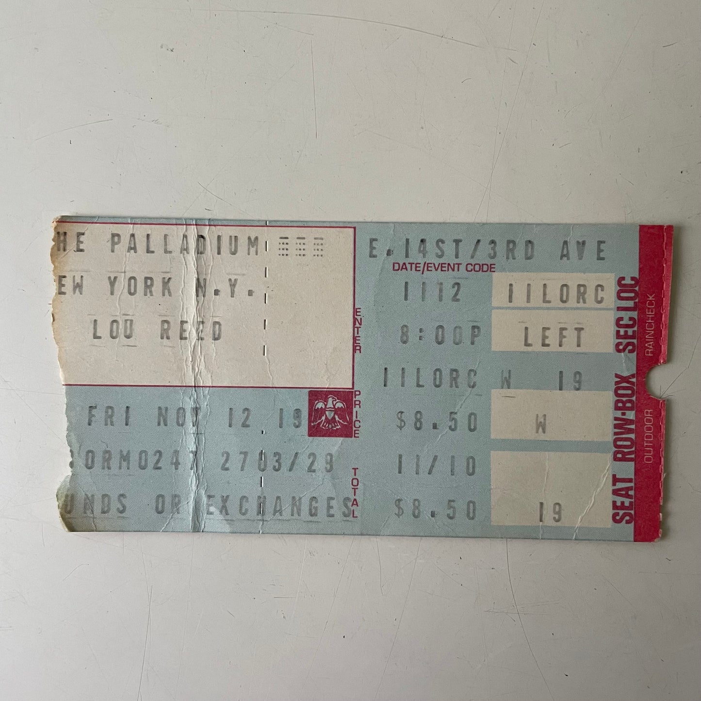 Lou Reed at The Palladium, Concert Ticket, 1974