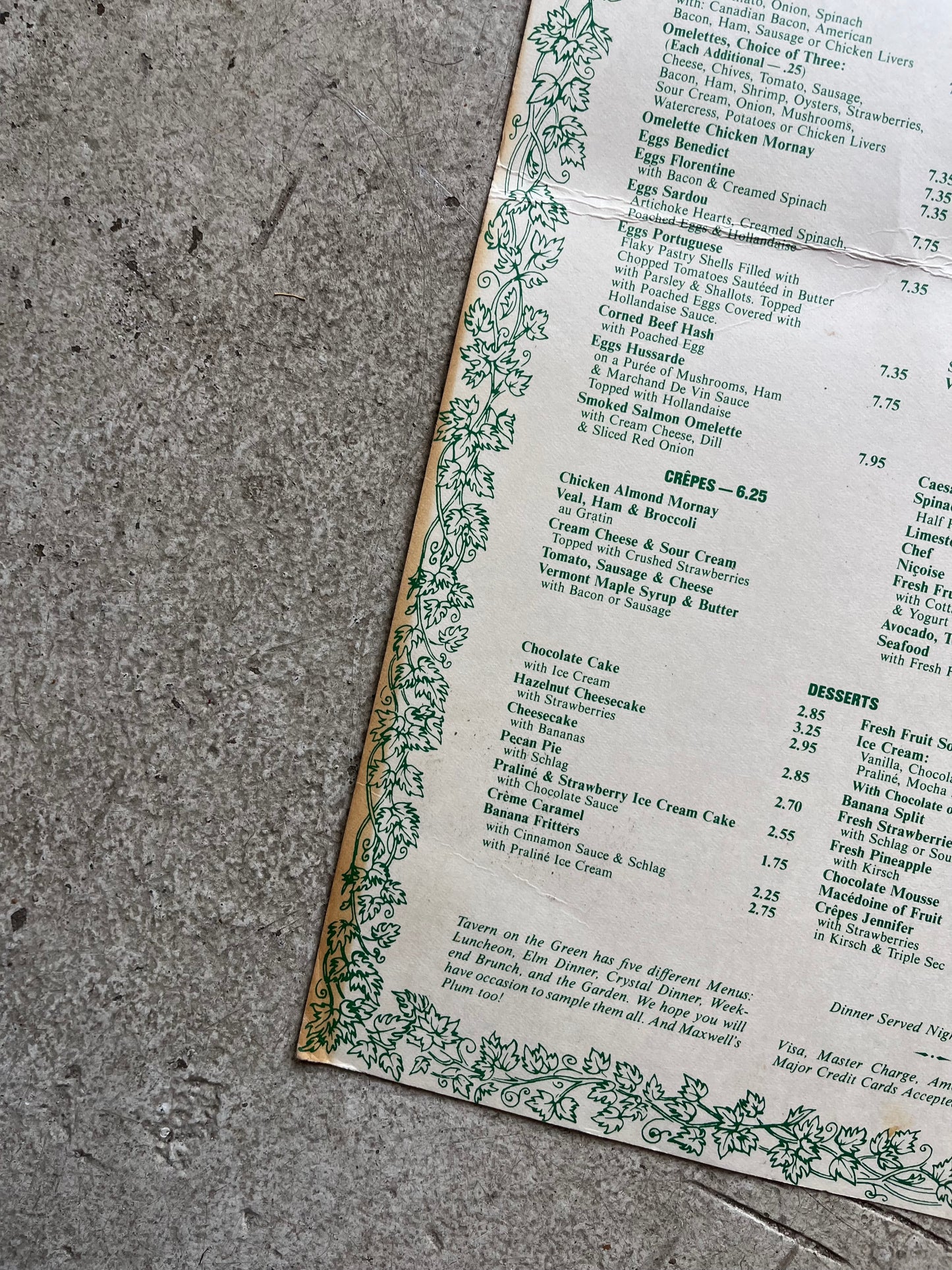 Tavern on the Green Brunch Menu, 1970s