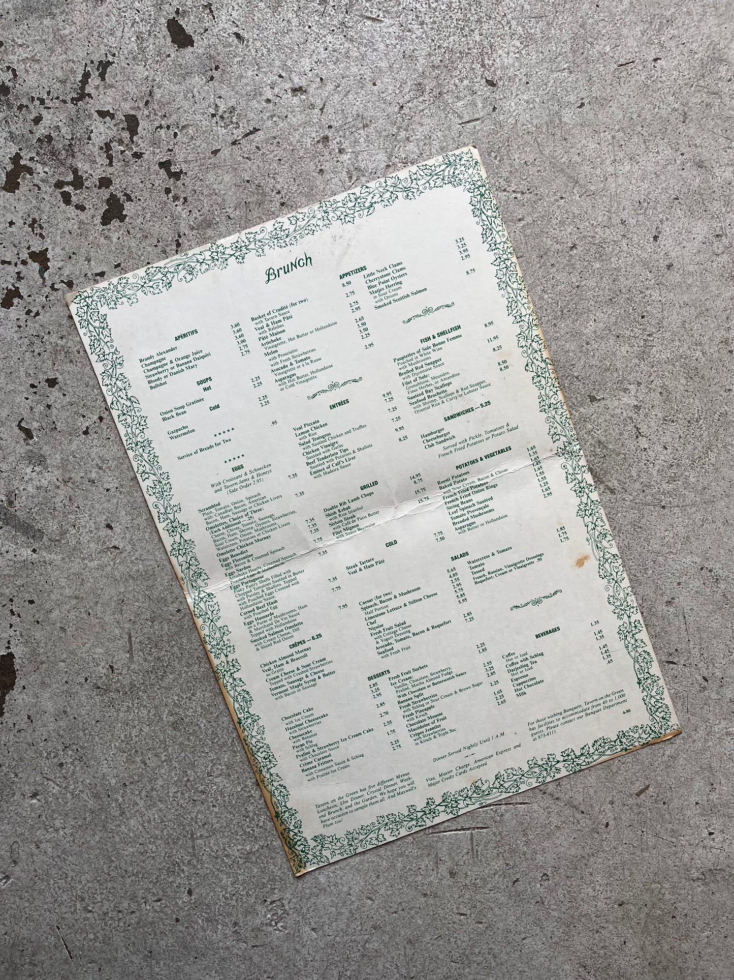 Tavern on the Green Brunch Menu, 1970s