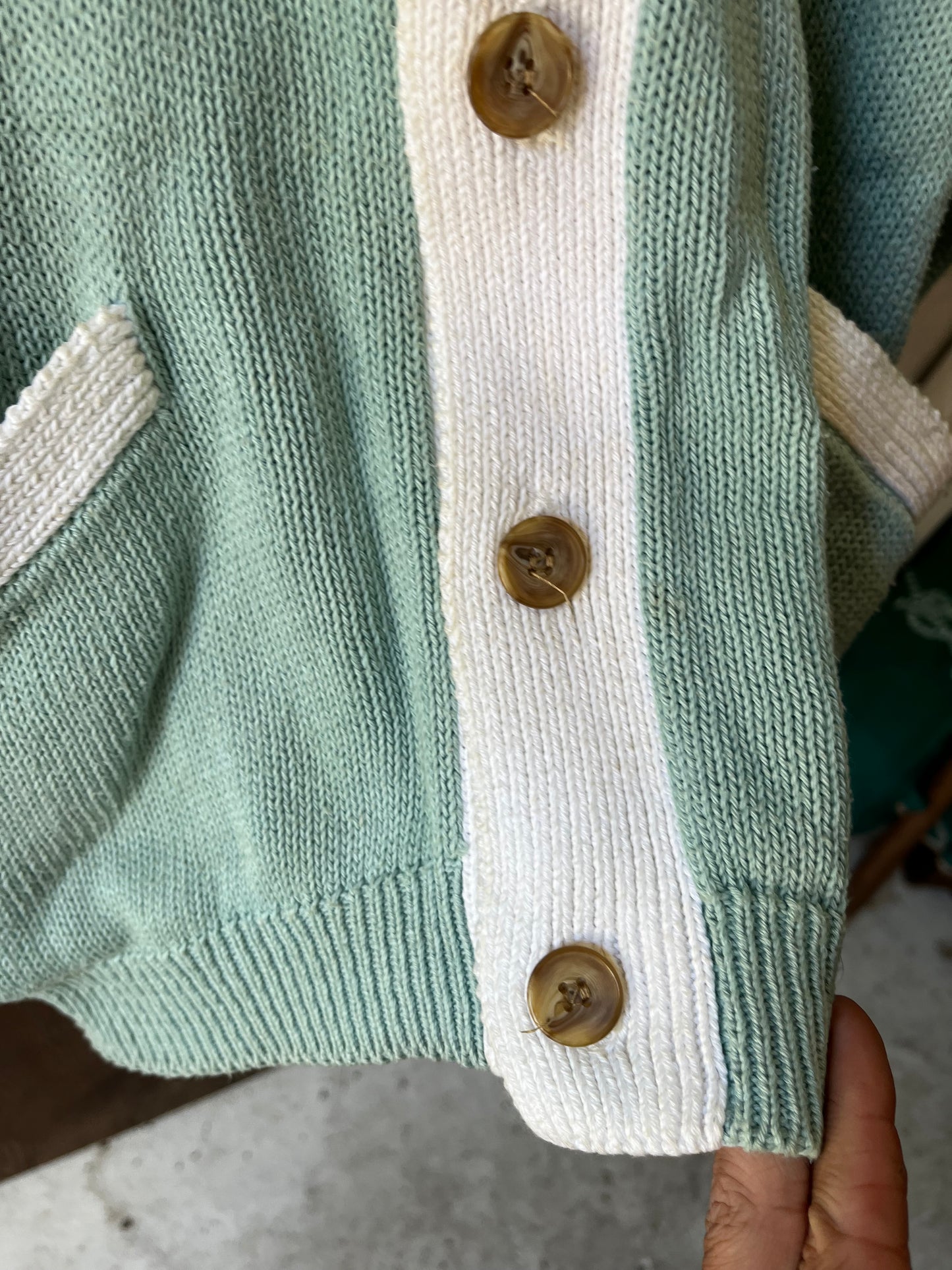 Seafoam+White Cotton Cardigan, Sz L, 1980s