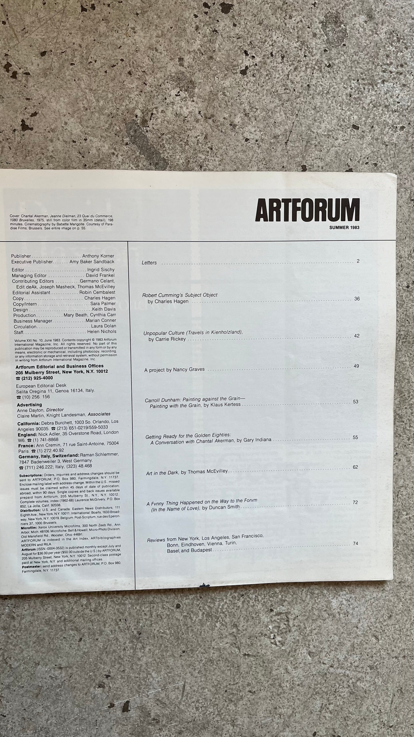 Artforum, Summer 1983 [Chantal Akerman Cover, Nancy Graves, Gary Indiana]