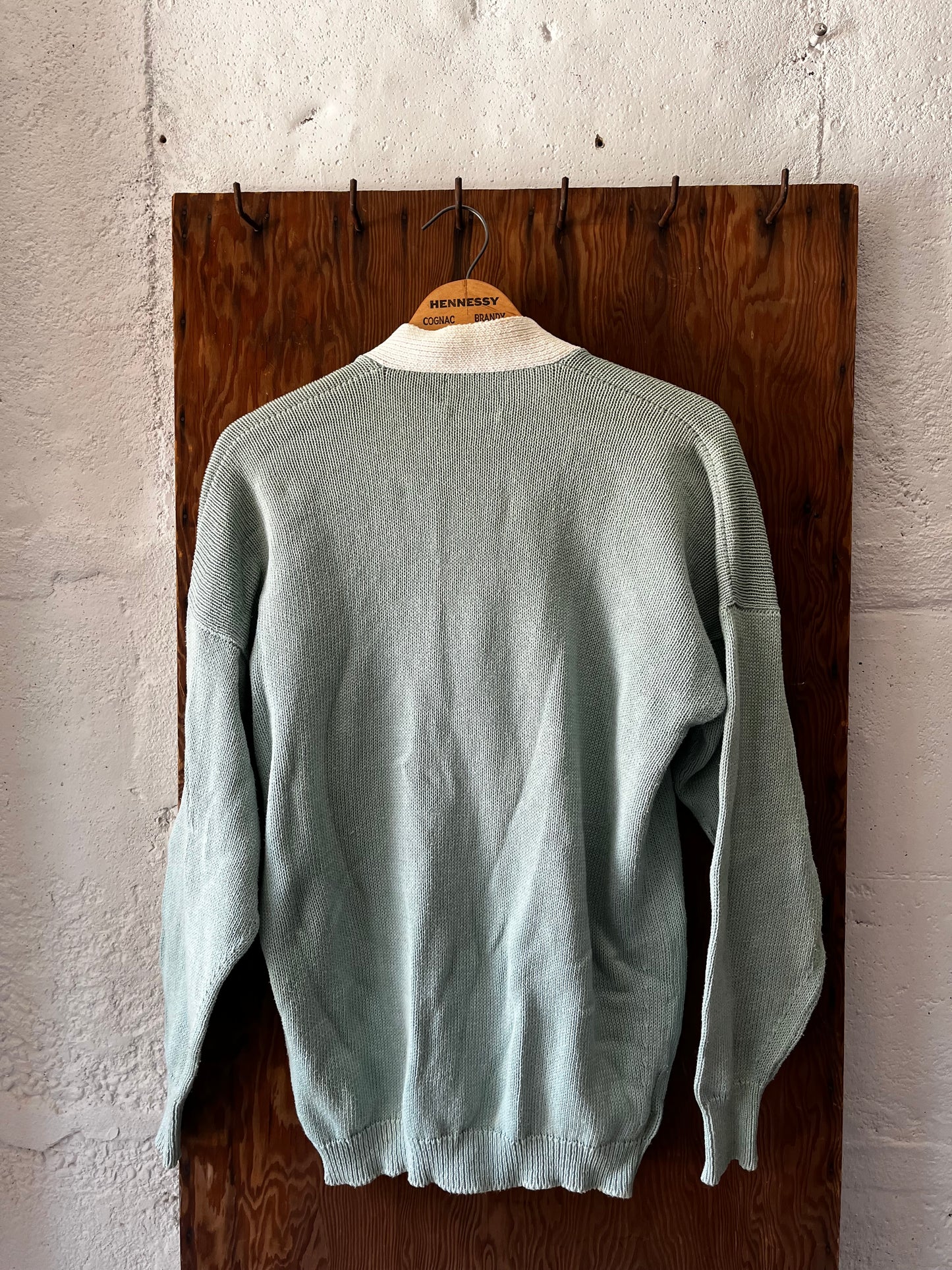 Seafoam+White Cotton Cardigan, Sz L, 1980s