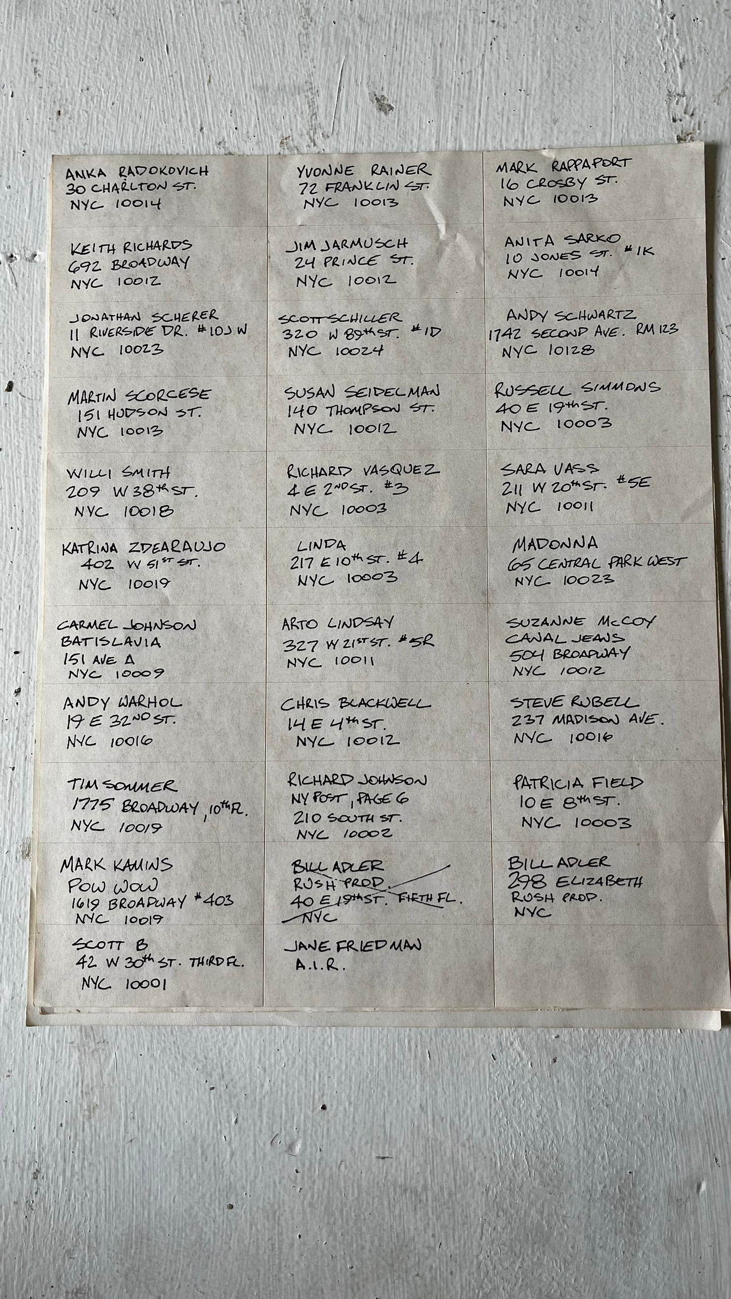 NYC Artist and Musician Address List, 1980s