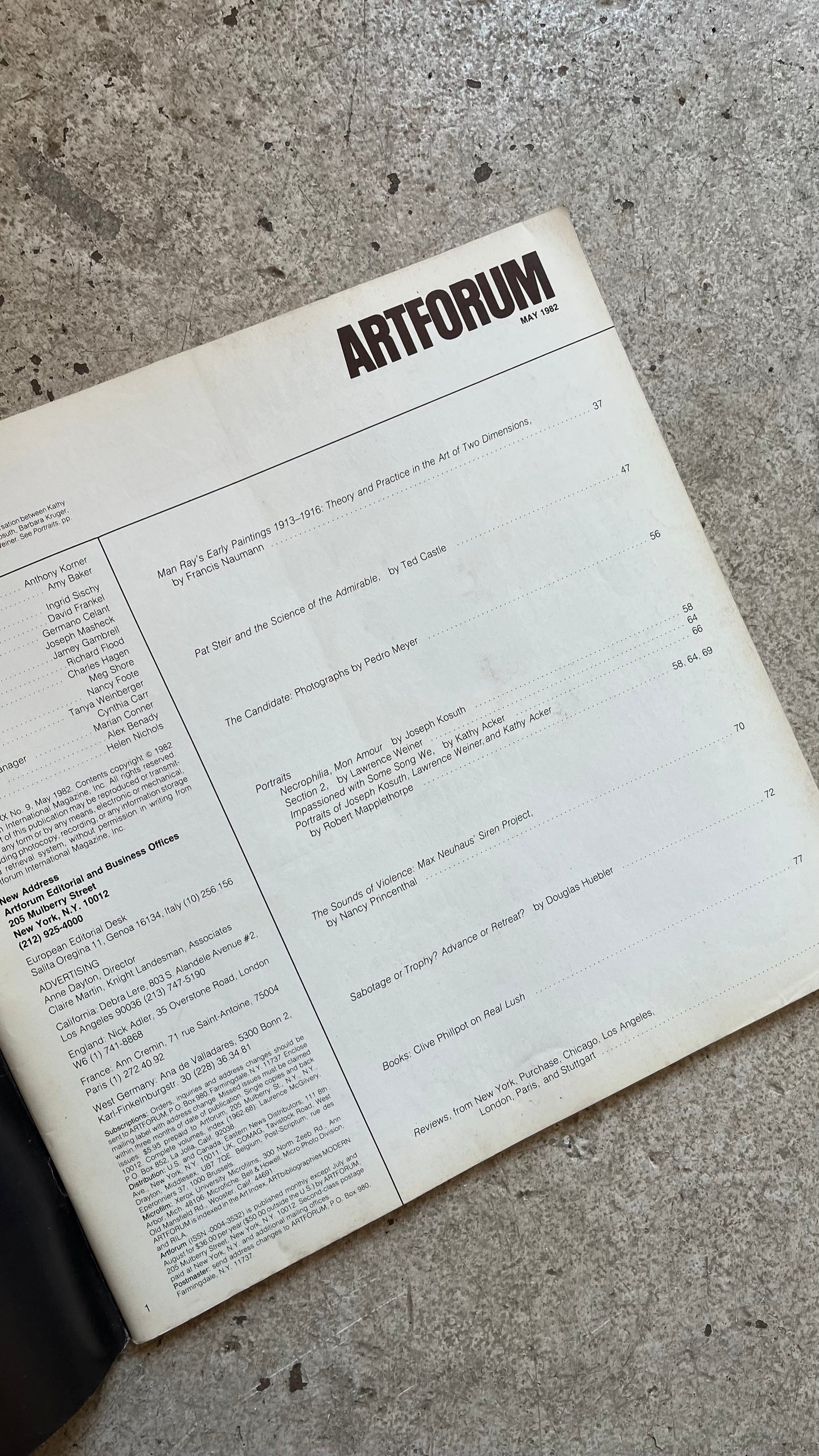 Artforum, May 1982 [Lawrence Weiner Cover, Kathy Acker, Robert Mapplethorpe, Joseph Kosuth, Richard Serra, Philip Glass]