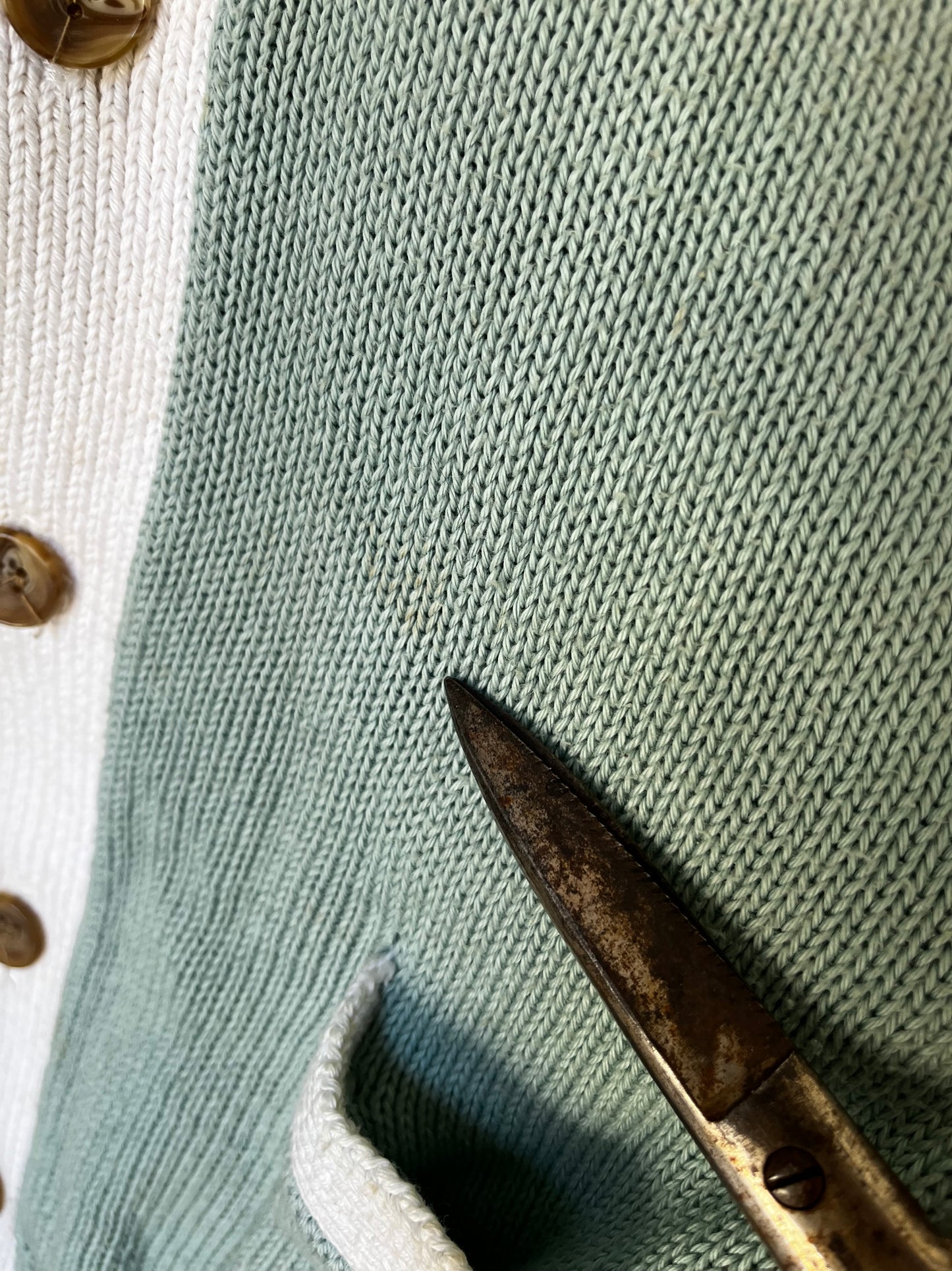 Seafoam+White Cotton Cardigan, Sz L, 1980s