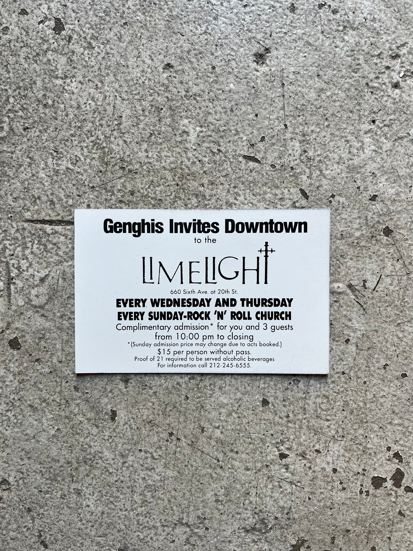 Limelight Admission Card, 1980s