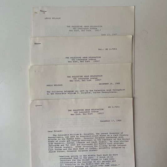 Palestine Arab Delegation - Press Releases/Bulletins (4), 1968