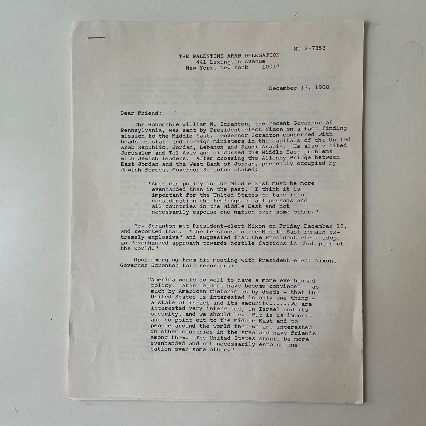 Palestine Arab Delegation - Press Releases/Bulletins (4), 1968