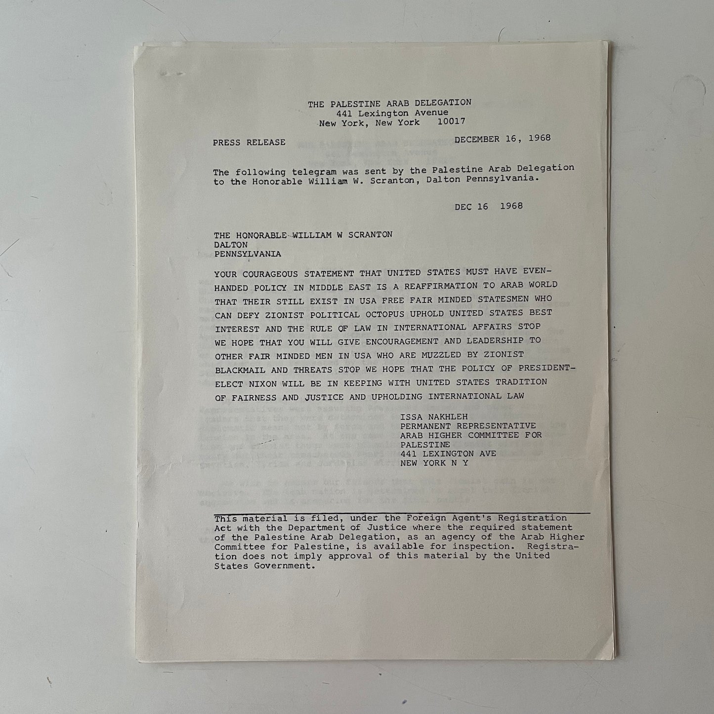 Palestine Arab Delegation - Press Releases/Bulletins (4), 1968