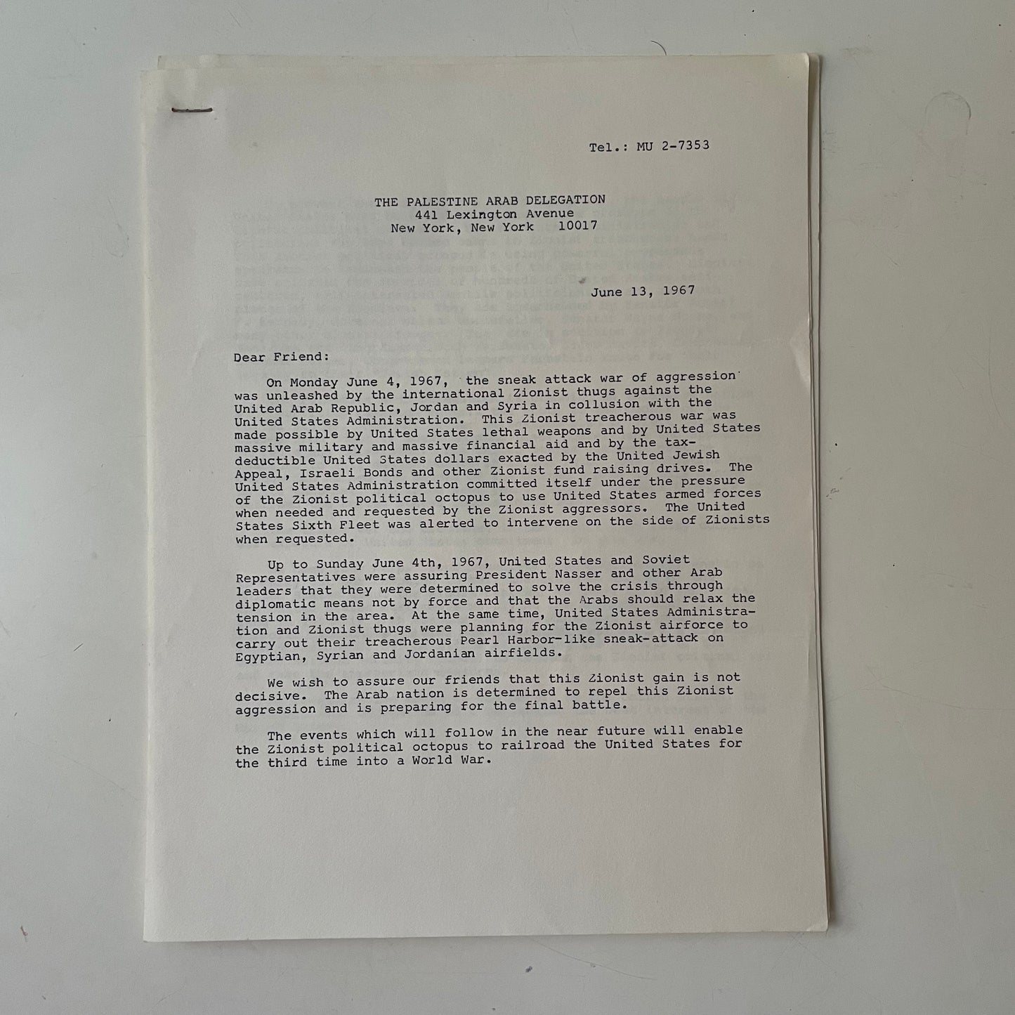 Palestine Arab Delegation - Press Releases/Bulletins (4), 1968