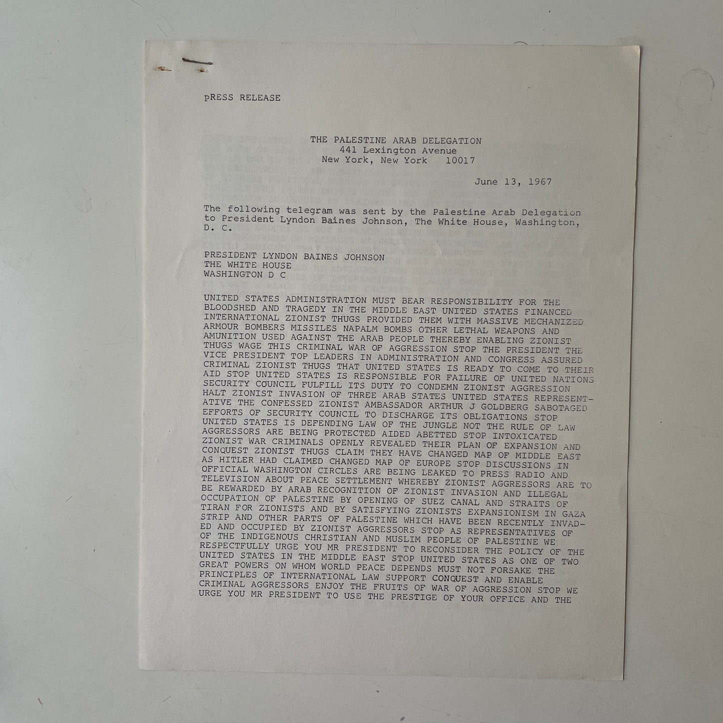 Palestine Arab Delegation - Press Releases/Bulletins (4), 1968